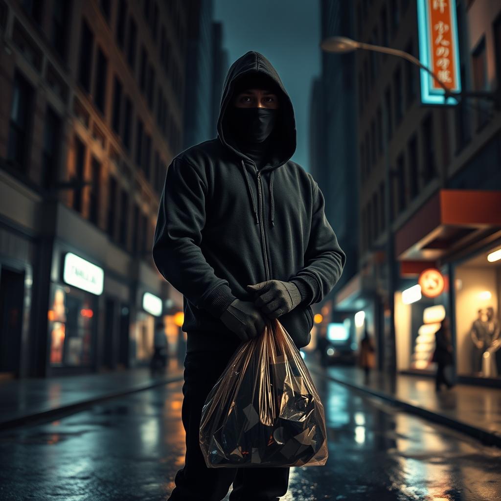 A mysterious masked robber standing confidently in a dimly lit street, wearing a black hoodie, with a mask covering their face
