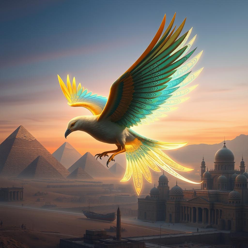 A magical bird with two stunning wings, one inspired by the ancient architecture of Egypt featuring hieroglyphics and golden tones, and the other wing reflecting the rich cultural heritage of Damascus, adorned with intricate Islamic patterns and vibrant colors