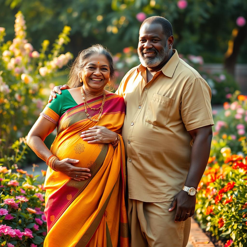 An Indian pregnant grandmother with a warm smile, clad in a vibrant, colorful saree, standing in a joyful pose with a large, gentle African man beside her