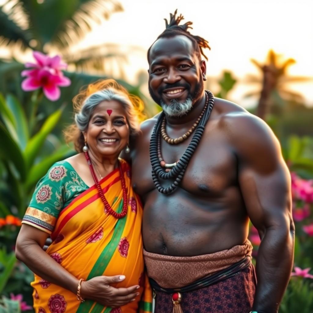 An Indian pregnant grandmother radiating joy, dressed in a bright, colorful saree, stands beside a big, muscular African tribal man showcasing traditional attire with intricate patterns