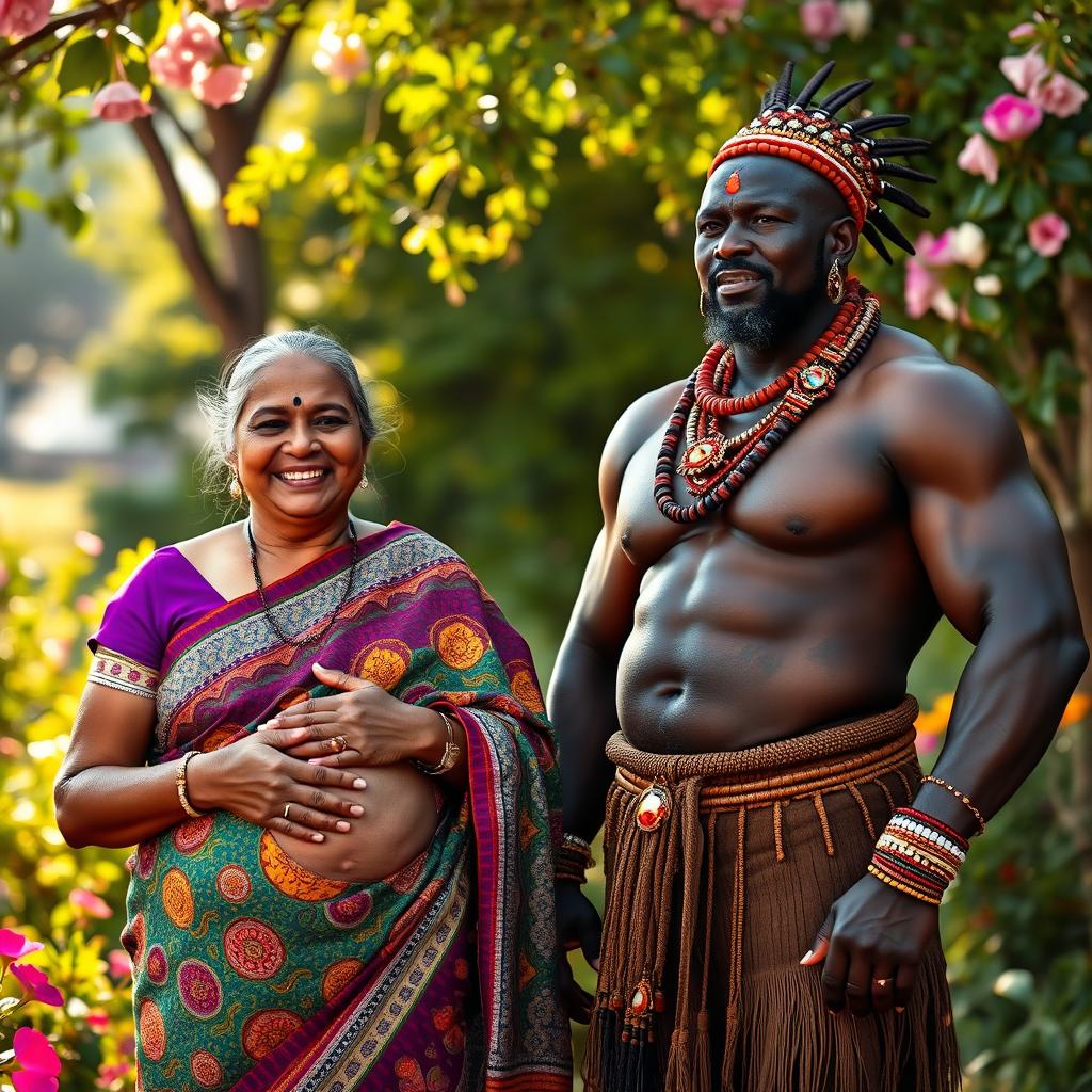 An Indian pregnant grandmother with a joyful expression, dressed in a beautifully patterned and colorful saree, standing next to a big, muscular African tribal man