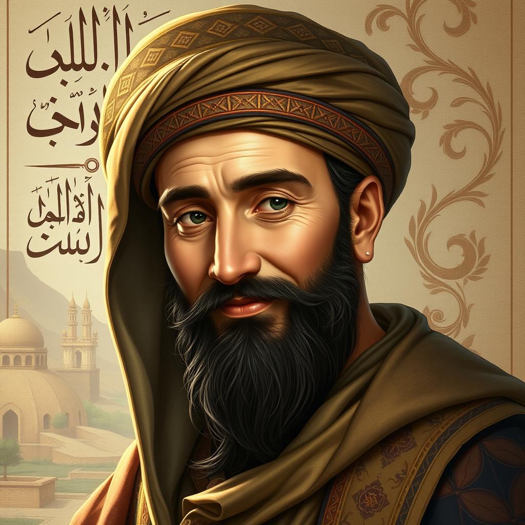 A majestic portrait of Ali ibn Abi Talib, historically depicted in traditional Islamic art style with an epic and noble presence