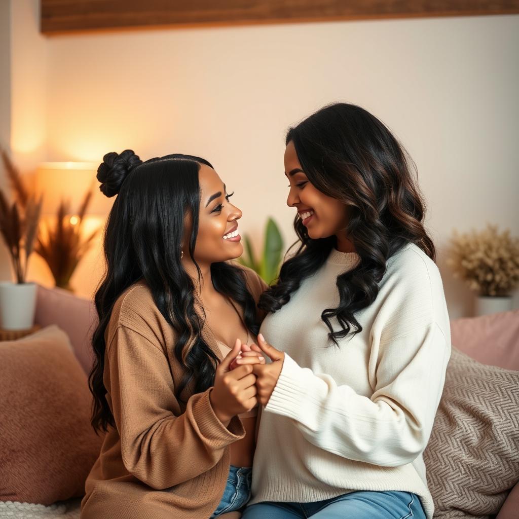 A romantic scene featuring two beautiful young women of different ethnicities in a cozy, intimate setting