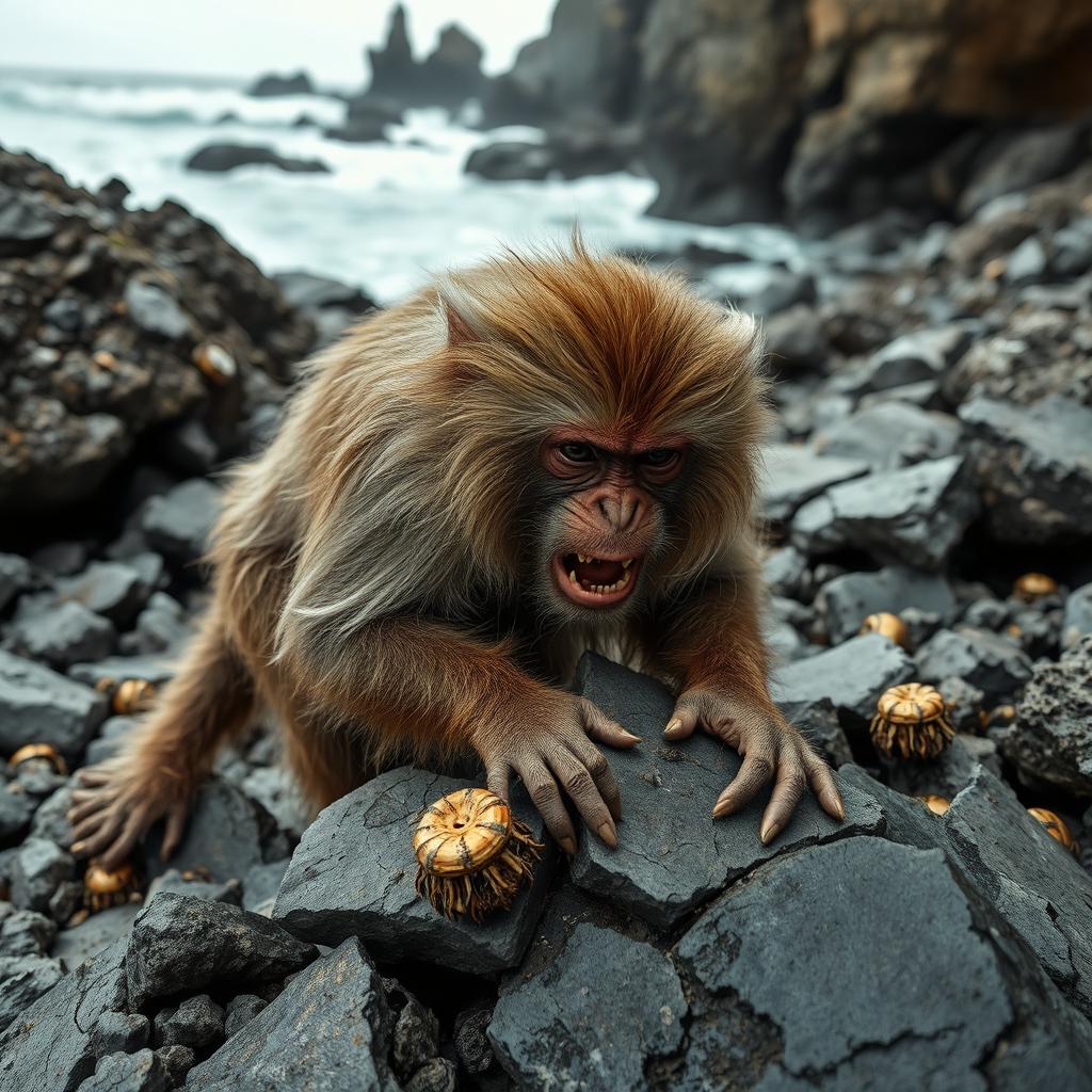 A distressed monkey struggling on a rocky shoreline, its fur matted and covered in barnacles, each barnacle glistening in the sunlight