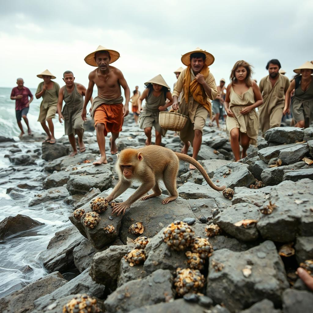 A distressed monkey struggling on a rocky shoreline, covered in barnacles, while nearby villagers spot the suffering creature and urgently call for help