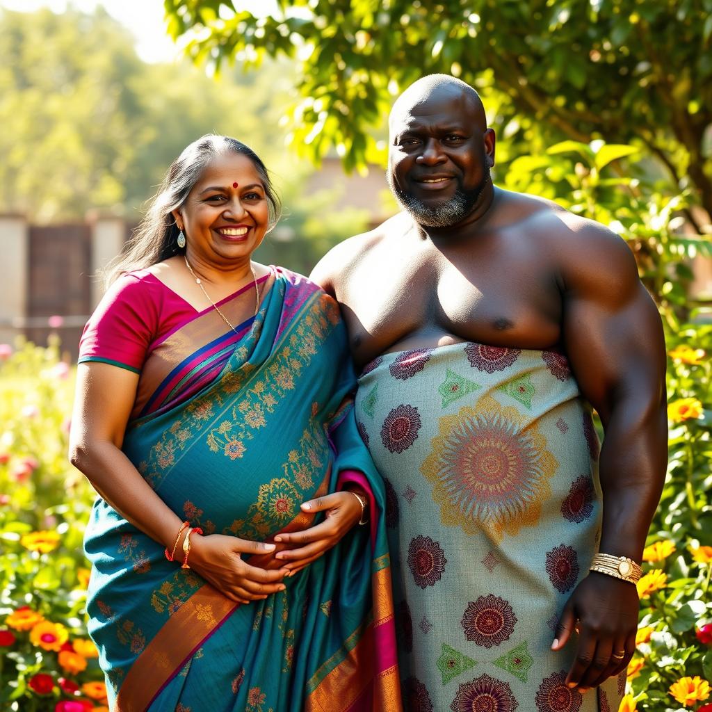 An Indian pregnant grandmother with a warm smile, wearing a beautifully colorful saree, standing next to a massive African man who has a gentle demeanor