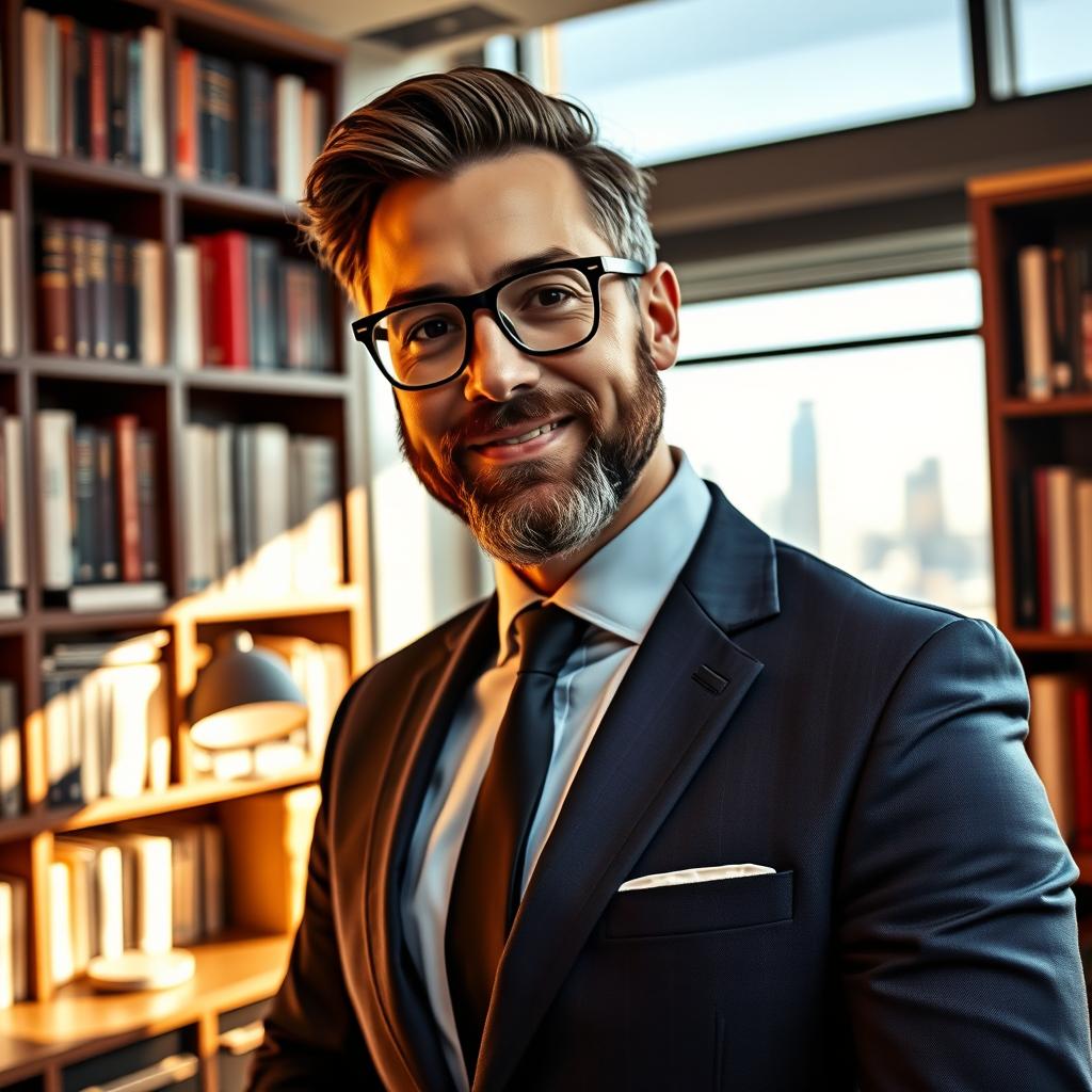 A confident and intelligent man with a well-groomed beard, wearing stylish glasses and a tailored suit, standing in a modern office environment