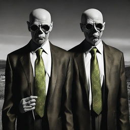 A photo-realistic image of the menacing Salamanca twins from Breaking Bad, dressed in matching suits and carrying their silver skull-tipped canes