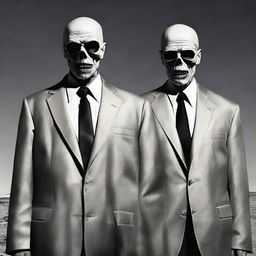 A photo-realistic image of the menacing Salamanca twins from Breaking Bad, dressed in matching suits and carrying their silver skull-tipped canes