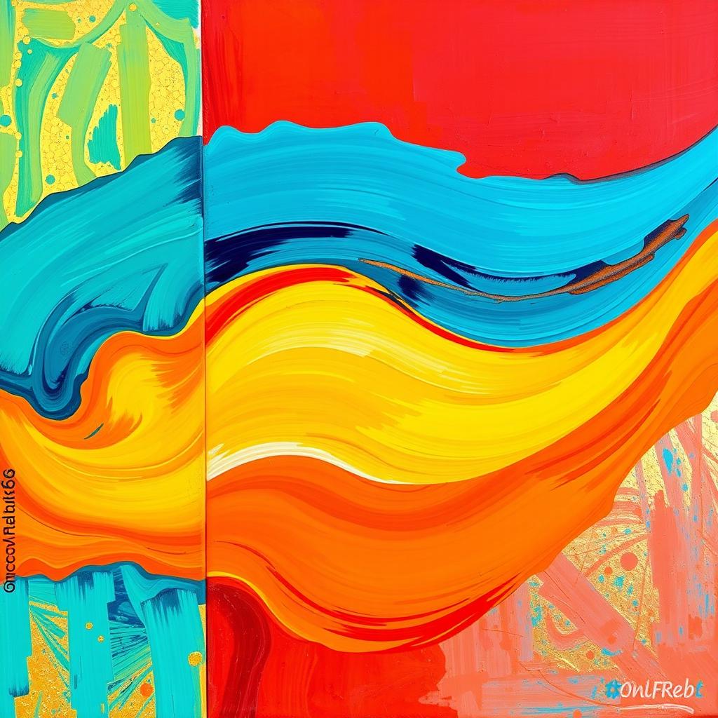 A vibrant and colorful abstract painting, featuring three distinct sections: the left section in deep turquoise blue, the right section in bold crimson red, and the middle section in a lively yellow-orange hue