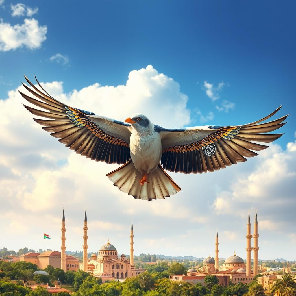 A bird with two wings, one adorned with Egyptian motifs and the other with Damascene designs, soaring majestically above a beautifully rendered Islamic skyline that includes mosques and minarets