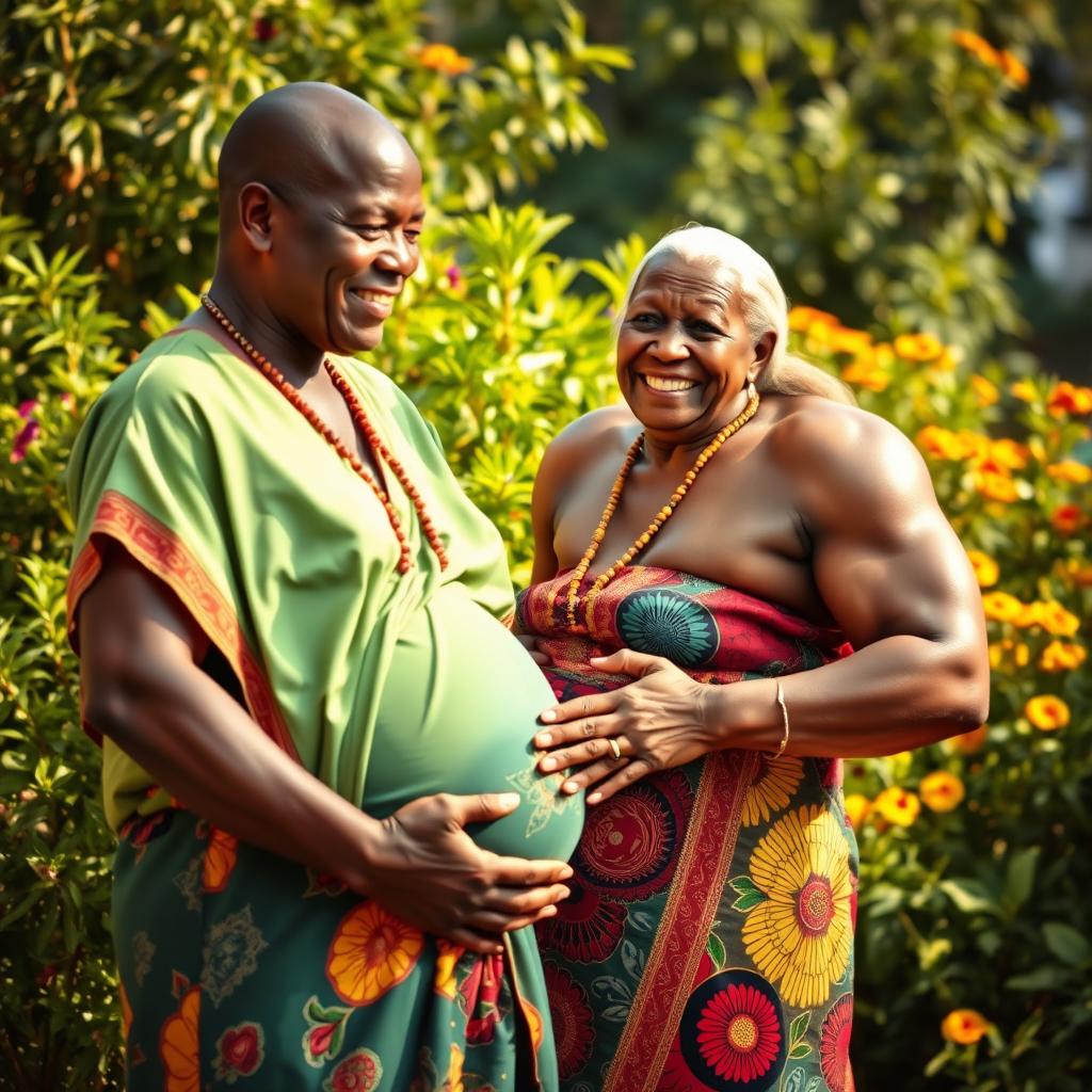 An enchanting scene of an elderly African woman, proudly pregnant, radiating joy with a gentle smile on her face