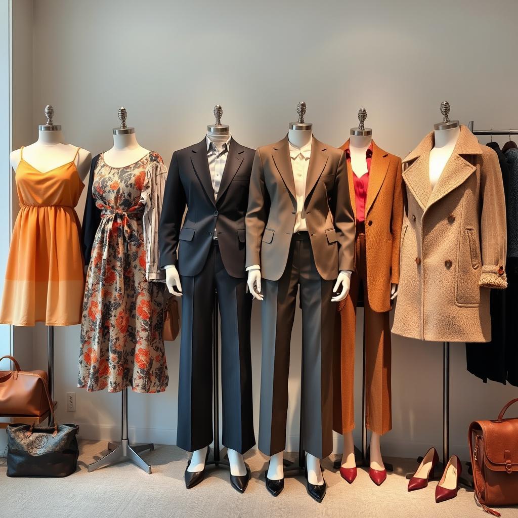 A diverse range of stylish women's clothing displayed elegantly in a boutique setting