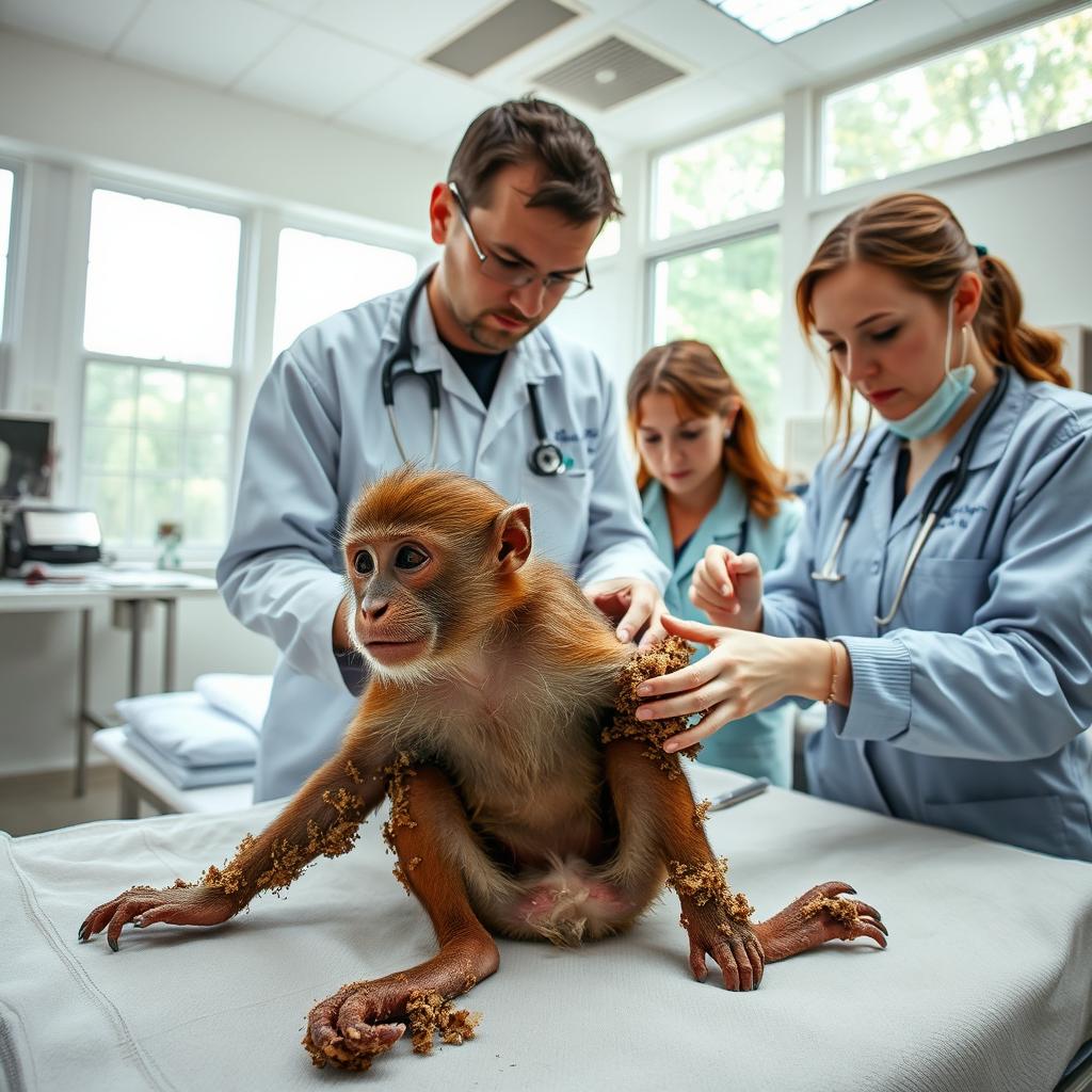 Inside a clean, well-lit wildlife rehabilitation center, experts carefully remove barnacles from a small brown monkey's limbs and back