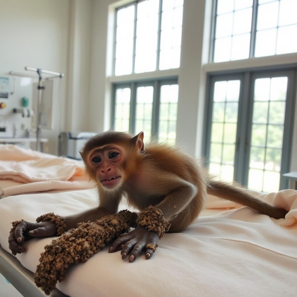 Days have passed in the wildlife rehabilitation center, where a small brown monkey is gradually regaining strength