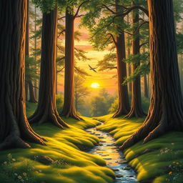 A highly realistic drawing of a serene forest scene at sunset, featuring tall, majestic trees with detailed bark textures and lush green leaves