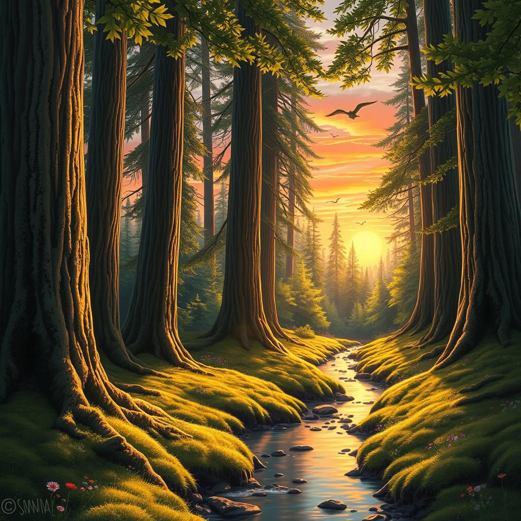 A highly realistic drawing of a serene forest scene at sunset, featuring tall, majestic trees with detailed bark textures and lush green leaves
