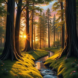 A highly realistic drawing of a serene forest scene at sunset, featuring tall, majestic trees with detailed bark textures and lush green leaves