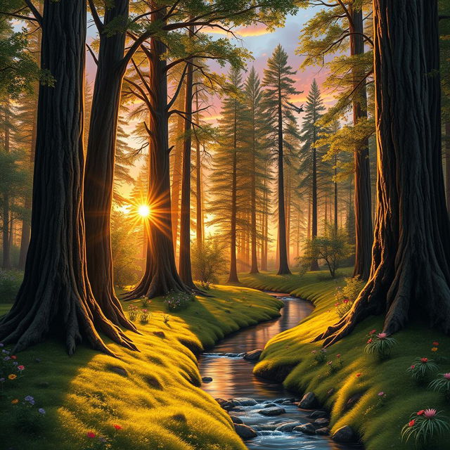 A highly realistic drawing of a serene forest scene at sunset, featuring tall, majestic trees with detailed bark textures and lush green leaves