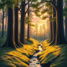 A highly realistic drawing of a serene forest scene at sunset, featuring tall, majestic trees with detailed bark textures and lush green leaves
