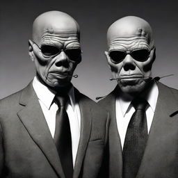 A photo-realistic image of the menacing Salamanca twins from Breaking Bad, dressed in matching suits and carrying their silver skull-tipped canes