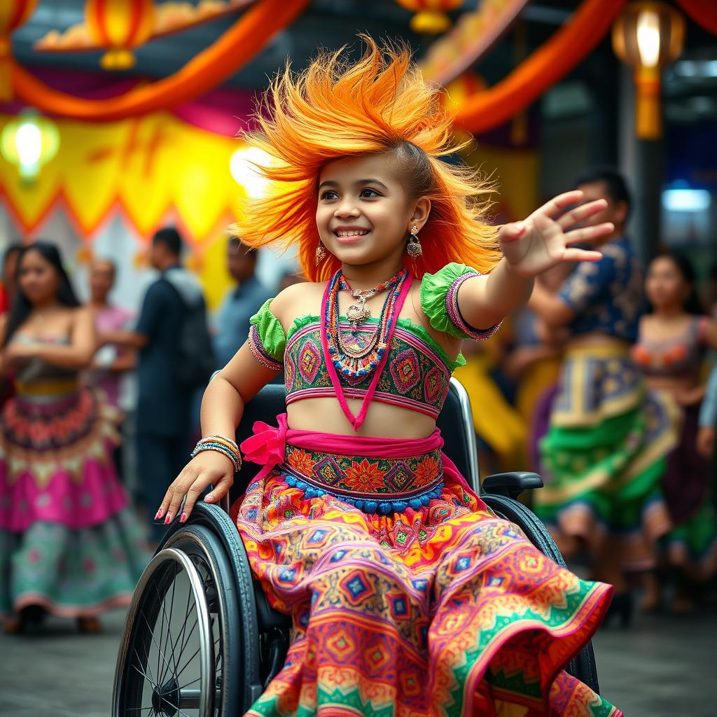 An Indonesian girl with a striking orange mullet hairstyle, joyfully dancing in a beautiful belly dance