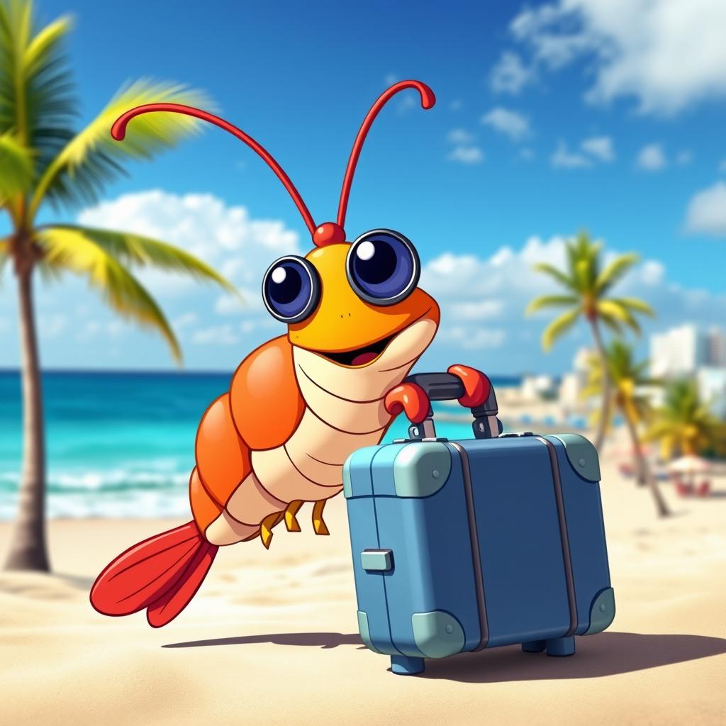 A charming, cartoonish ornamental shrimp with vibrant, eye-catching colors holds a small, stylish suitcase, ready for an adventure