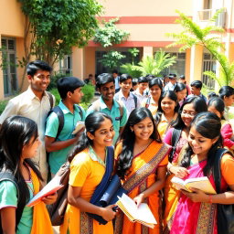 A vibrant school scene featuring a diverse group of Indian students with dusky skin tones, aged around 15 years old