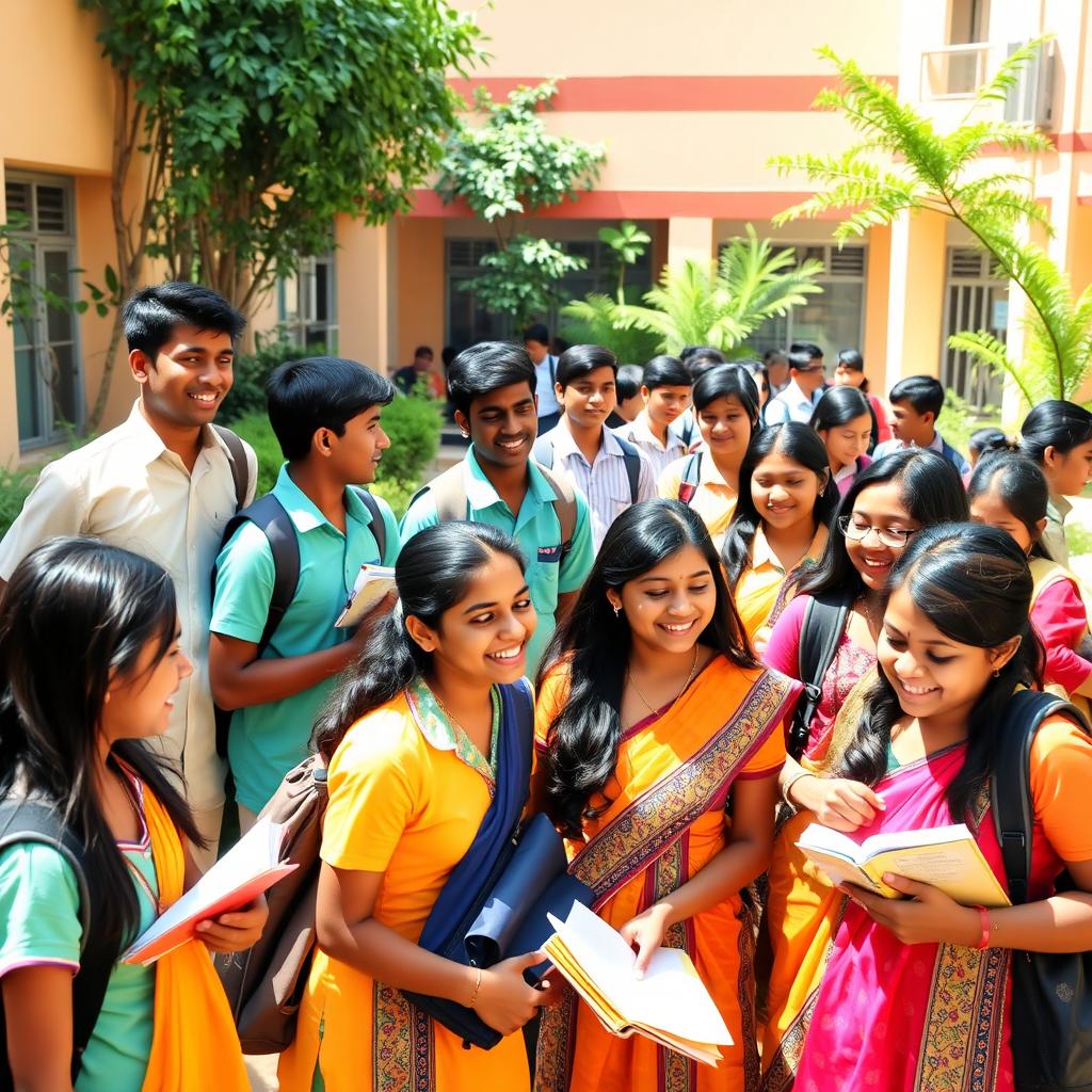 A vibrant school scene featuring a diverse group of Indian students with dusky skin tones, aged around 15 years old