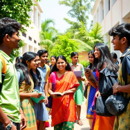 A vibrant school scene featuring a diverse group of Indian students with dusky skin tones, aged around 15 years old