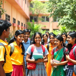 A vibrant school scene featuring a diverse group of Indian students with dusky skin tones, aged around 15 years old