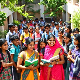 A vibrant school scene featuring a diverse group of Indian students with dusky skin tones, aged around 15 years old