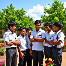 A group of young Indian school boys with dusky skin, wearing typical school uniforms consisting of white shirts and dark trousers