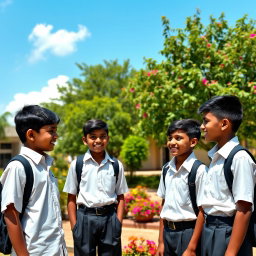 A group of young Indian school boys with dusky skin, wearing typical school uniforms consisting of white shirts and dark trousers