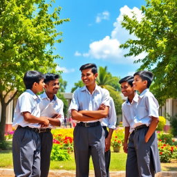 A group of young Indian school boys with dusky skin, wearing typical school uniforms consisting of white shirts and dark trousers