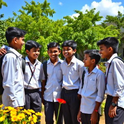 A group of young Indian school boys with dusky skin, wearing typical school uniforms consisting of white shirts and dark trousers