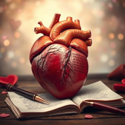 A real-life heart, anatomically accurate and detailed, is depicted in the act of writing a poem