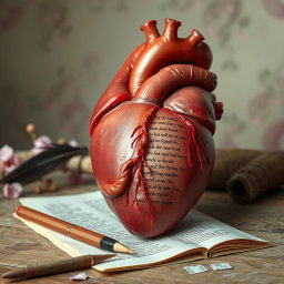 A real-life heart, anatomically accurate and detailed, is depicted in the act of writing a poem