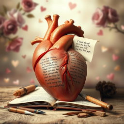 A real-life heart, anatomically accurate and detailed, is depicted in the act of writing a poem