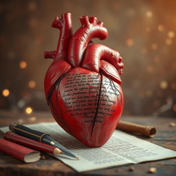A real-life heart, anatomically accurate and detailed, is depicted in the act of writing a poem