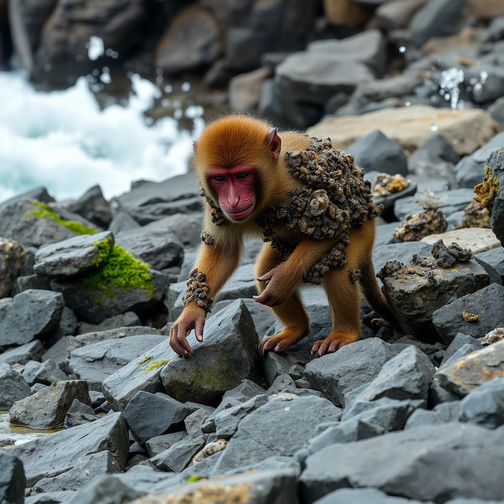On a rugged rocky shoreline, a distressed small brown monkey struggles to move, its body covered in rough, crusty barnacles that make every movement painful