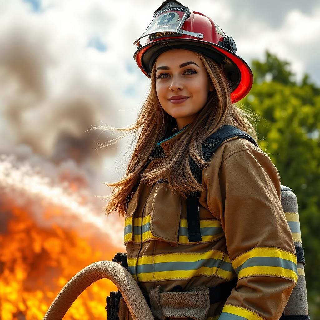 A brave and confident female firefighter in full firefighting gear, standing proudly with a fire hose in her hand