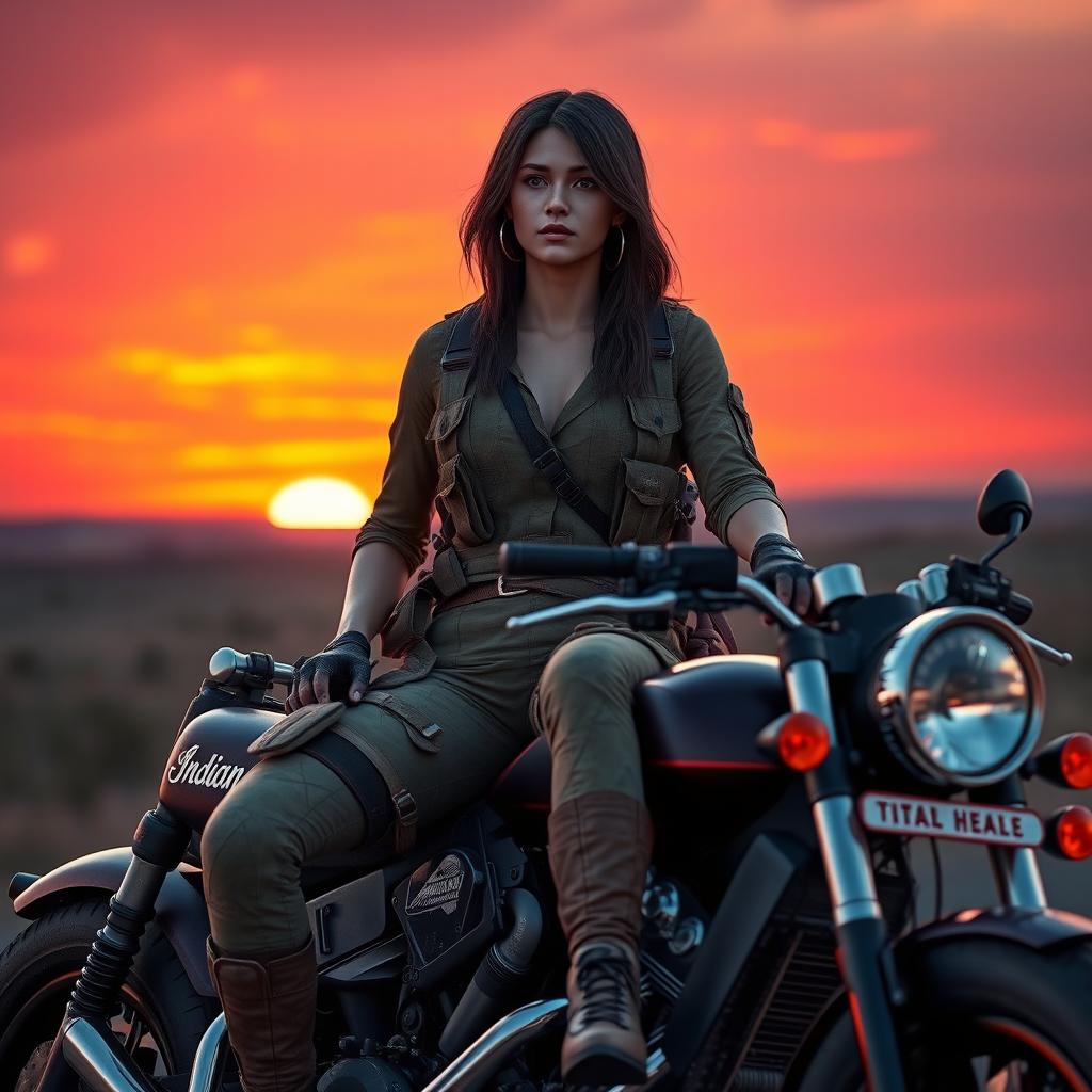 A female character dressed in a rugged 'Dystopian Survivor' outfit inspired by PUBG, complete with tactical gear and a weathered look
