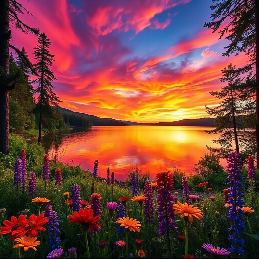 A stunning high-definition landscape featuring a vibrant sunset over a serene lake