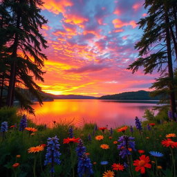 A stunning high-definition landscape featuring a vibrant sunset over a serene lake