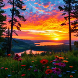 A stunning high-definition landscape featuring a vibrant sunset over a serene lake