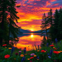 A stunning high-definition landscape featuring a vibrant sunset over a serene lake