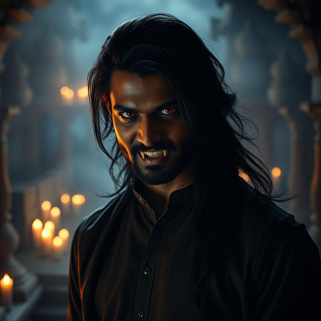 A dramatic portrayal of a Tamil actor with vampire features, showcasing long flowing black hair, piercing crimson eyes, and sharp fangs