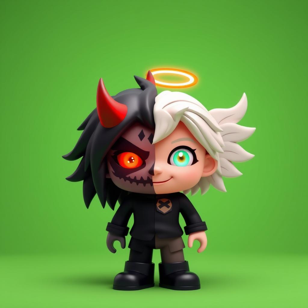 A cartoon character in a Roblox environment, with its body and face perfectly split into two equal halves from top to bottom