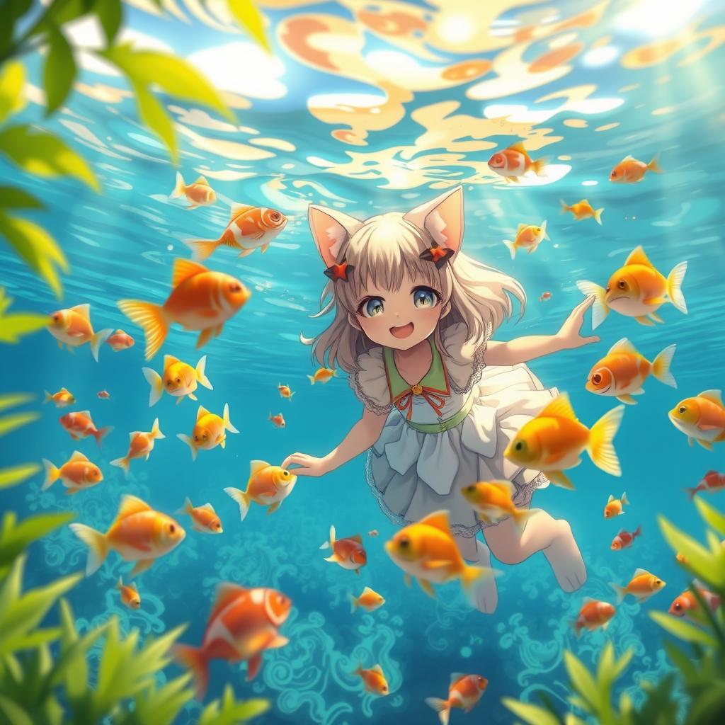 An enchanting scene featuring a cat girl joyfully playing with colorful fish in a crystal-clear lake